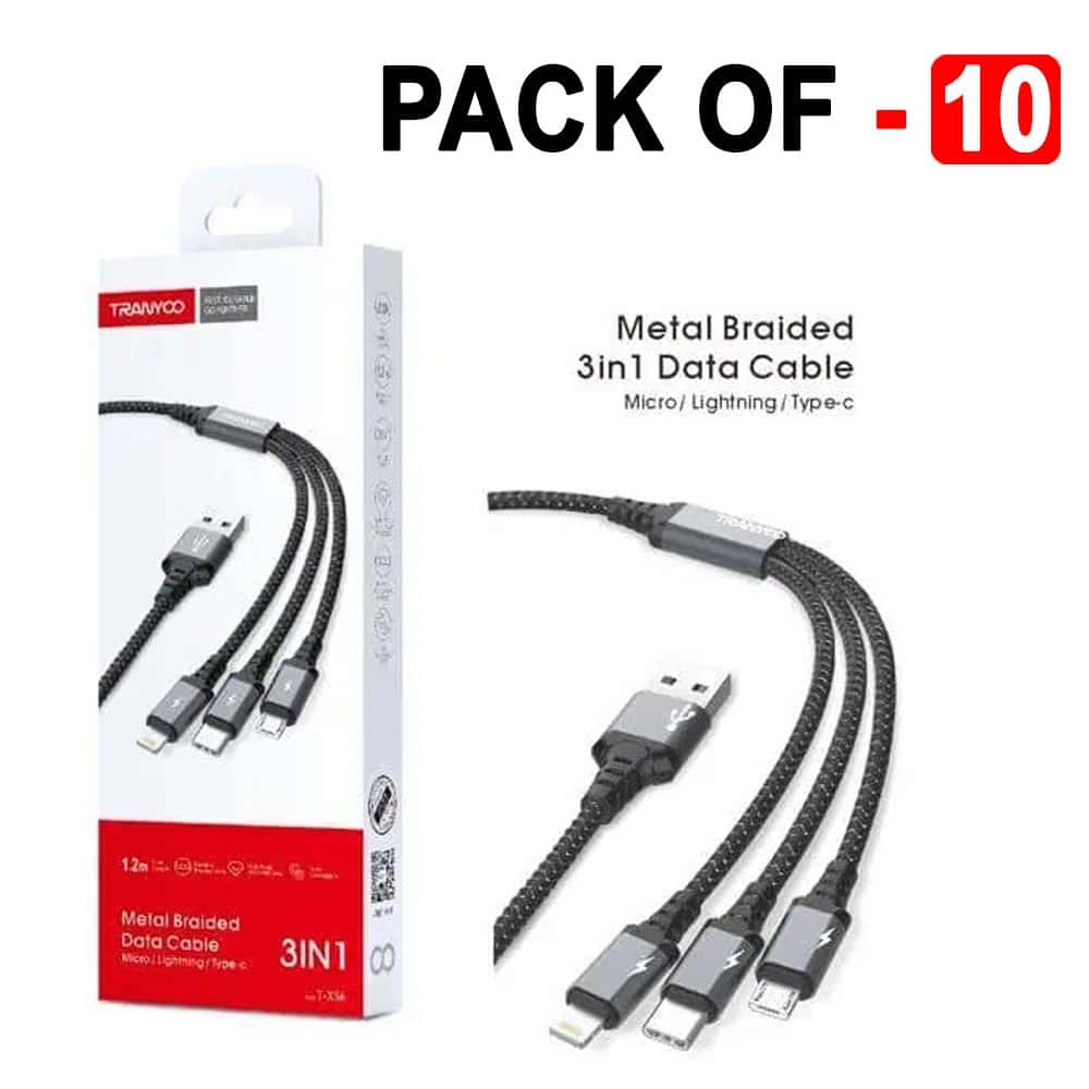 1X 10X 20X TRANYOO (T-XS6) 1.2M 3 in 1 Fast Charging Braided Multi Charger Cable 1X 10X 20X TRANYOO (T-XS6) 1.2M 3 in 1 Fast Charging Braided Multi Charger Cable